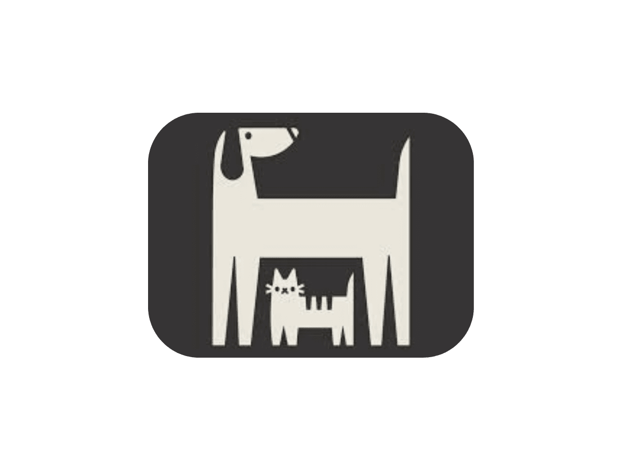 Ilustración minimalista de un perro blanco grande con un gato pequeño debajo, fondo gris oscuro.